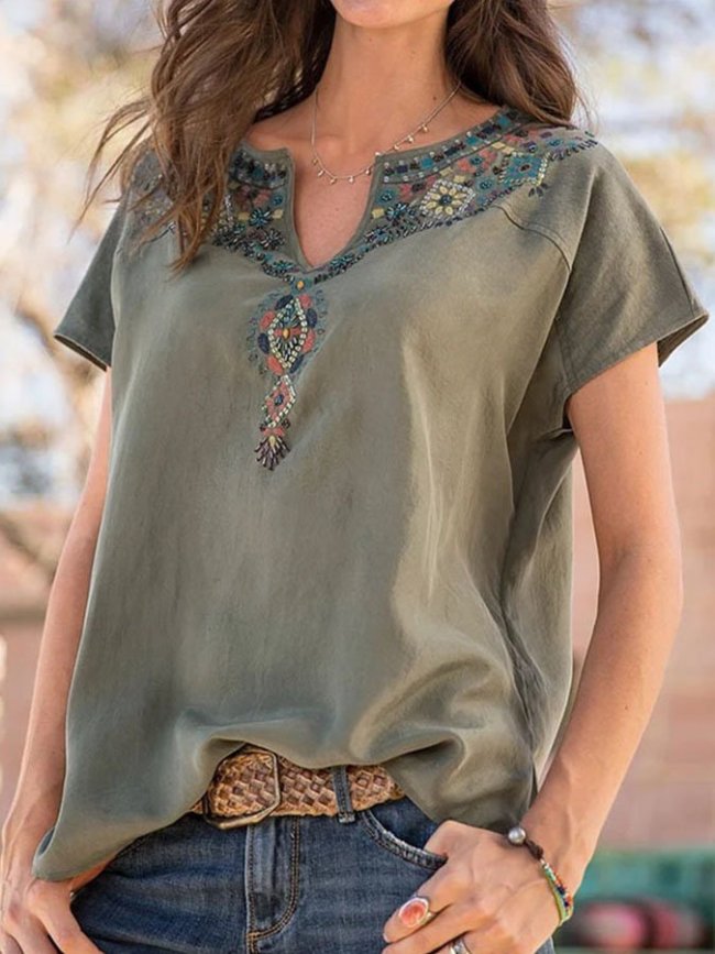 Women Western Ethnic Style Solid Color Casual T-Shirt Top