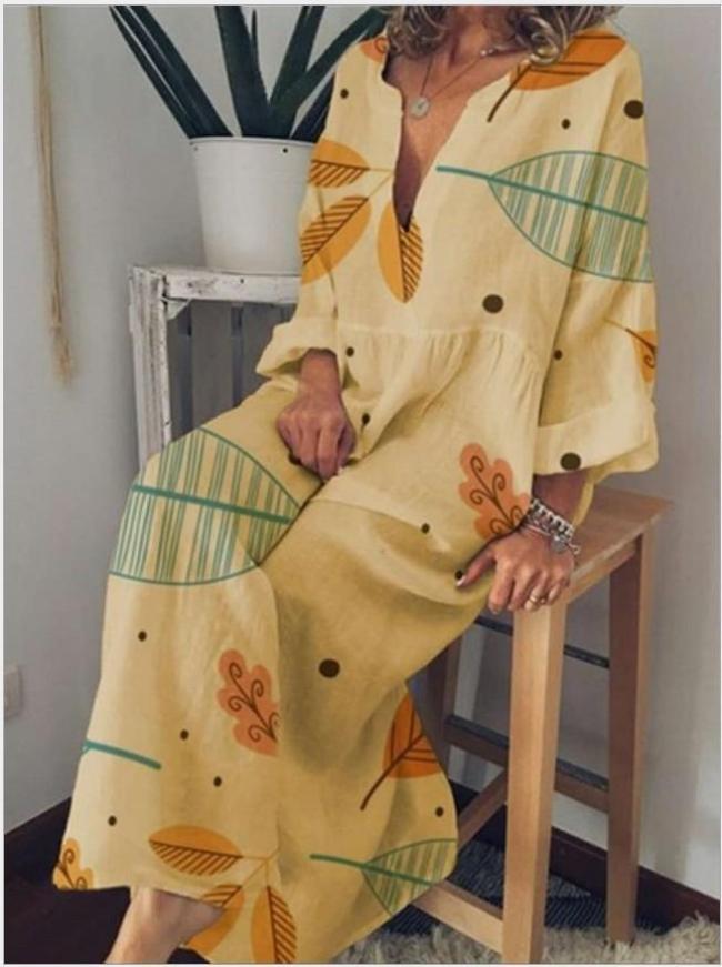 Women Bohemia Style Leaves Printed Maxi Dress