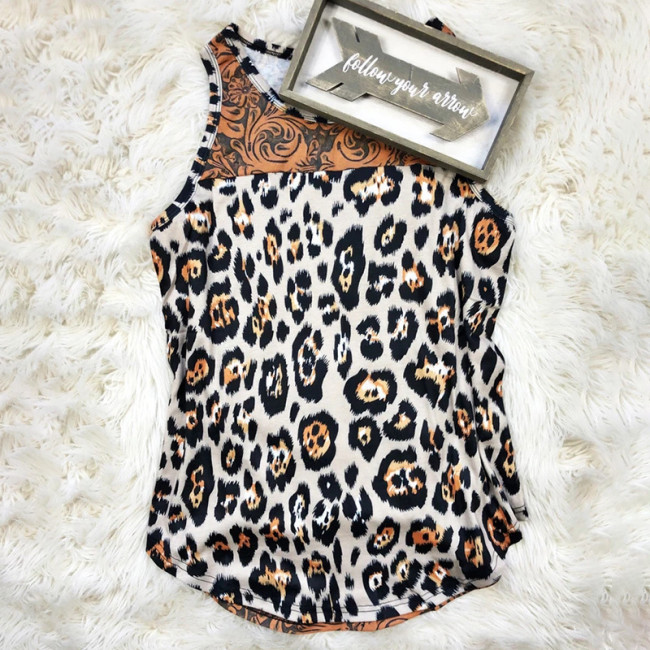 Women's Casual Leopard Print Coffee Floral Patchwork Tank Top