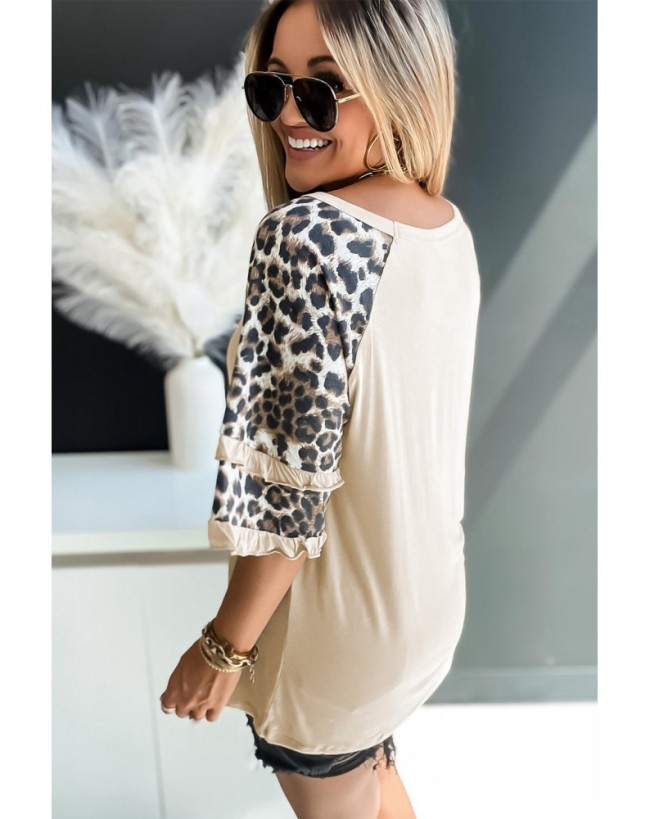 Women's Oversized T Shirts Half Sleeve V Neck Comfy Tunic Casual Leopard Print Lotus Leaf Summer Tops,Apricot