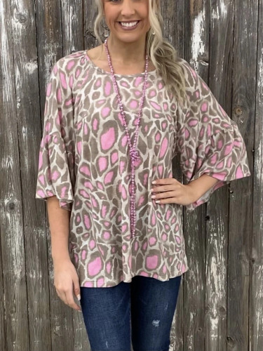 Women's Casual Leopard Print Flared Sleeve T-Shirt Top