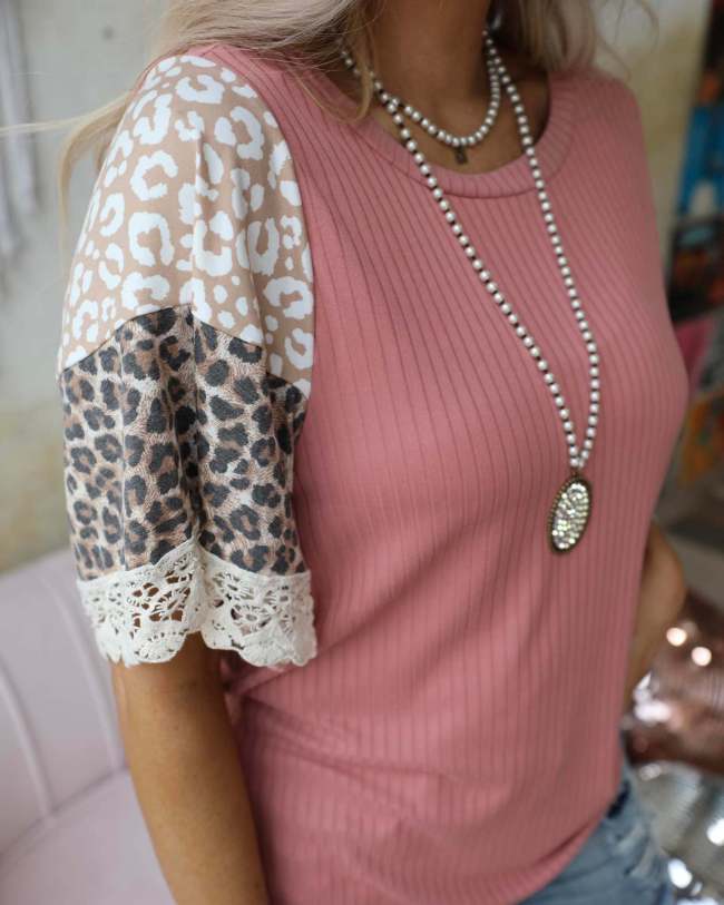 Leopard Print Bell Sleeve Animal Print Shirt  Crochet Top