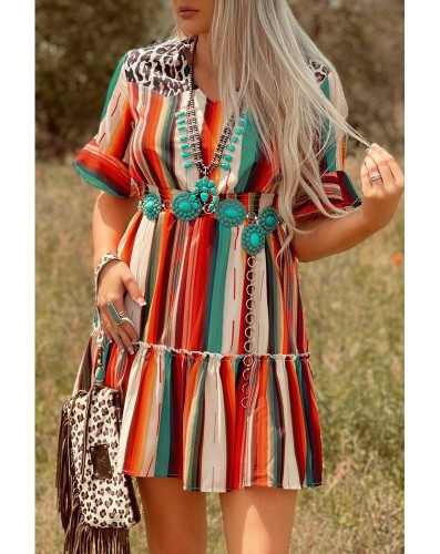 Women's Casual Leopard Rainbow Stripe Print Mini Dress