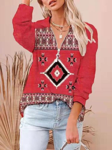 Women's Western Print Ethnic Style Ribbed Long Sleeve T-Shirt Top