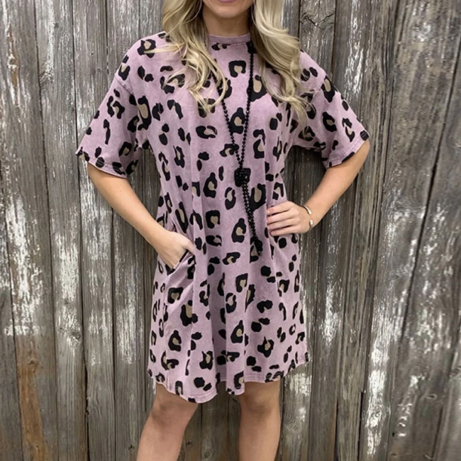 Leopard Tunic Tee Dress Crewneck Short Sleeve Casual Dresses Knee Length Summer Dress with Pockets