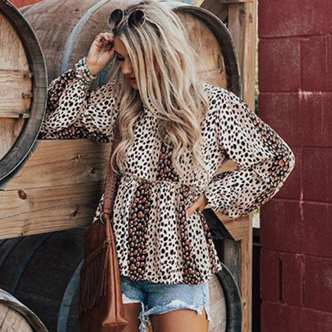 Women's Casual Leopard Print Western Style Long Sleeve Blouse Top