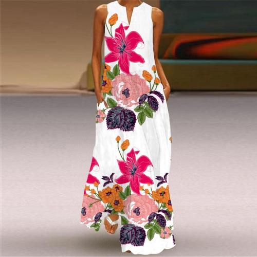 Women Casual Maxi Dress V-Neck Slim Sleeveless Pink Big Floral Printed Dress