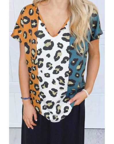 Women's Casual Stripe Patchwork Leopard Print V-Neck T-Shirt