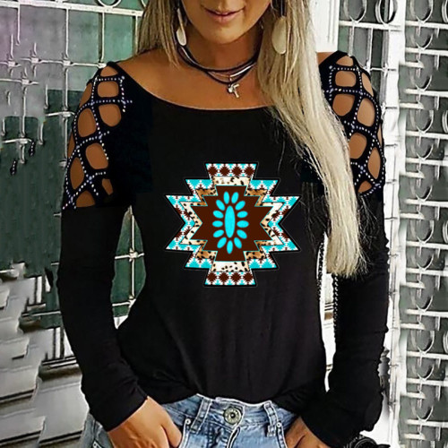 Hollow Out Long Sleeve Vintage Aztec Ethnic Print Casual Women's T-Shirt Top