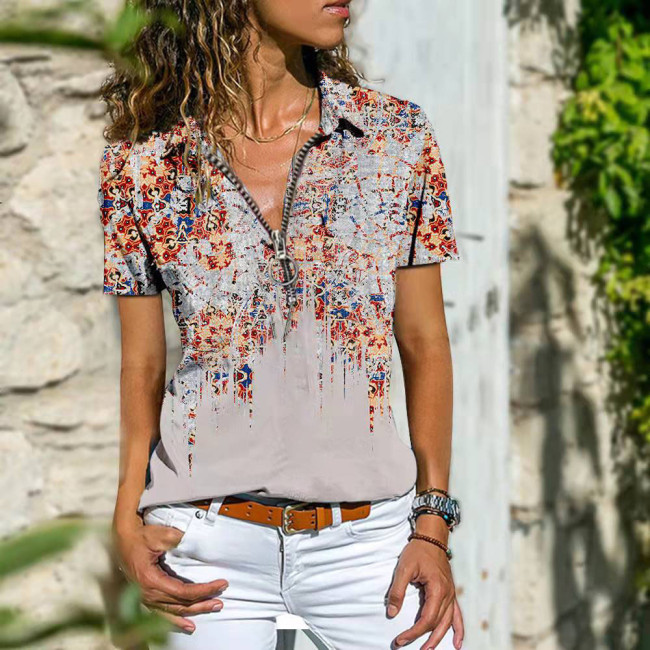 Women Western Bohemian Style Lapel Zipper Colorful T-Shirt Tops