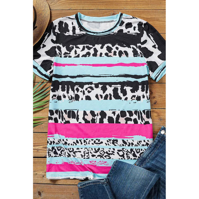 Women's Casual Leopard Print Pink Patchwork T-Shirt Top