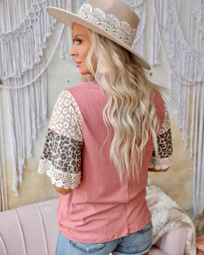 Leopard Print Bell Sleeve Animal Print Shirt  Crochet Top