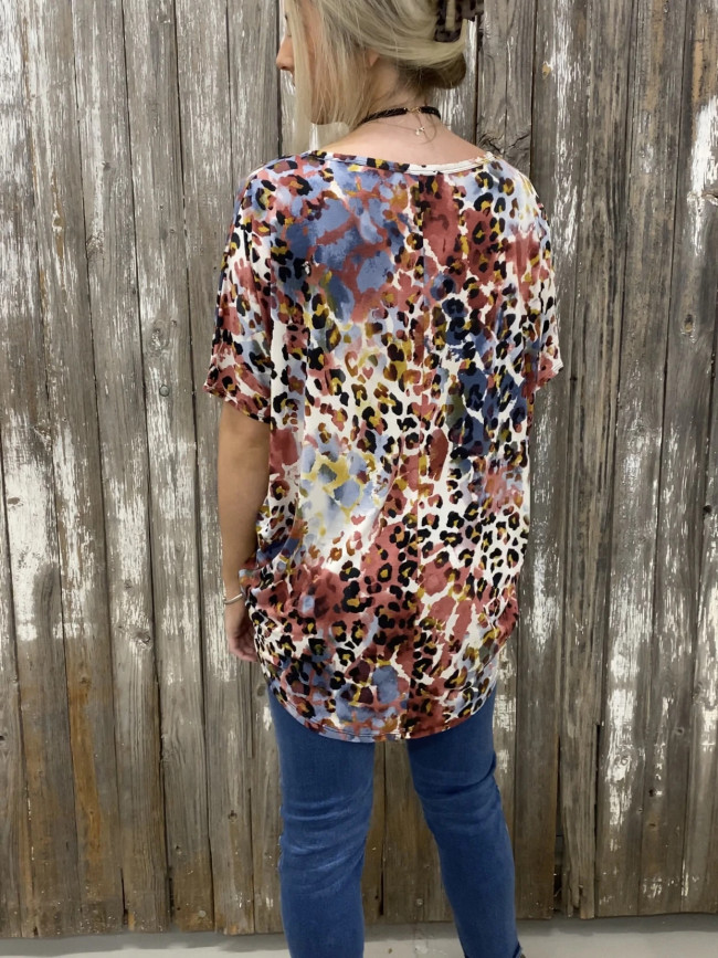 Women's Casual Colorful Leopard Print V-Neck T-Shirt Top