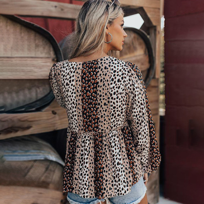 Women's Casual Leopard Print Western Style Long Sleeve Blouse Top