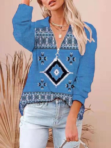 Women's Western Print Ethnic Style Ribbed Long Sleeve T-Shirt Top