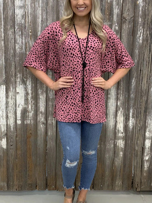 Women's Casual Pink Small Leopard Print V-Neck Mid-Sleeve T-Shirt Top