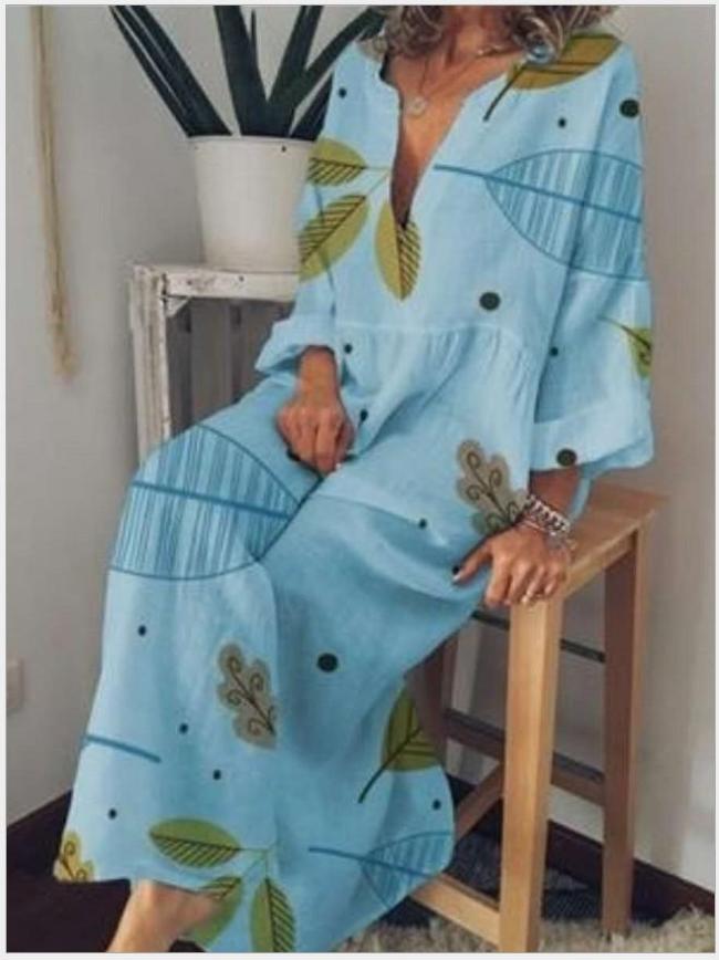 Women Bohemia Style Leaves Printed Maxi Dress