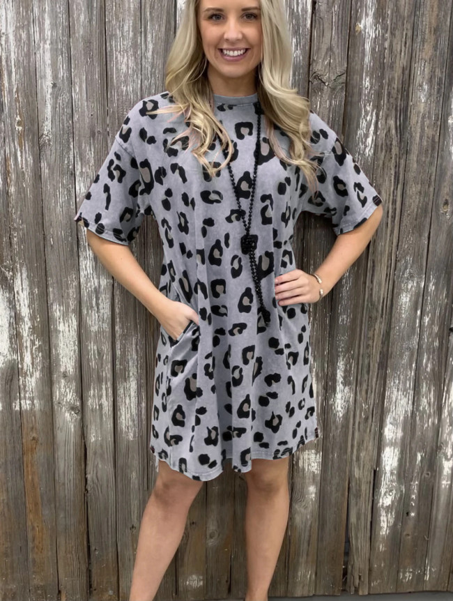 Leopard Tunic Tee Dress Crewneck Short Sleeve Casual Dresses Knee Length Summer Dress with Pockets