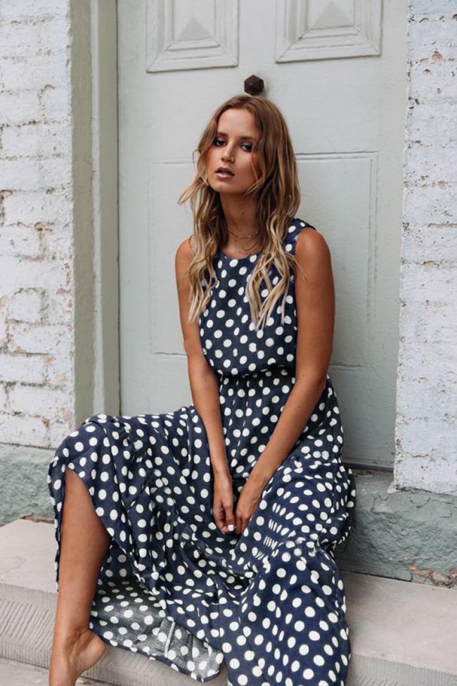 Women Casual Maxi Dress Solid Color Polka Dots Round Neck Summer Dress