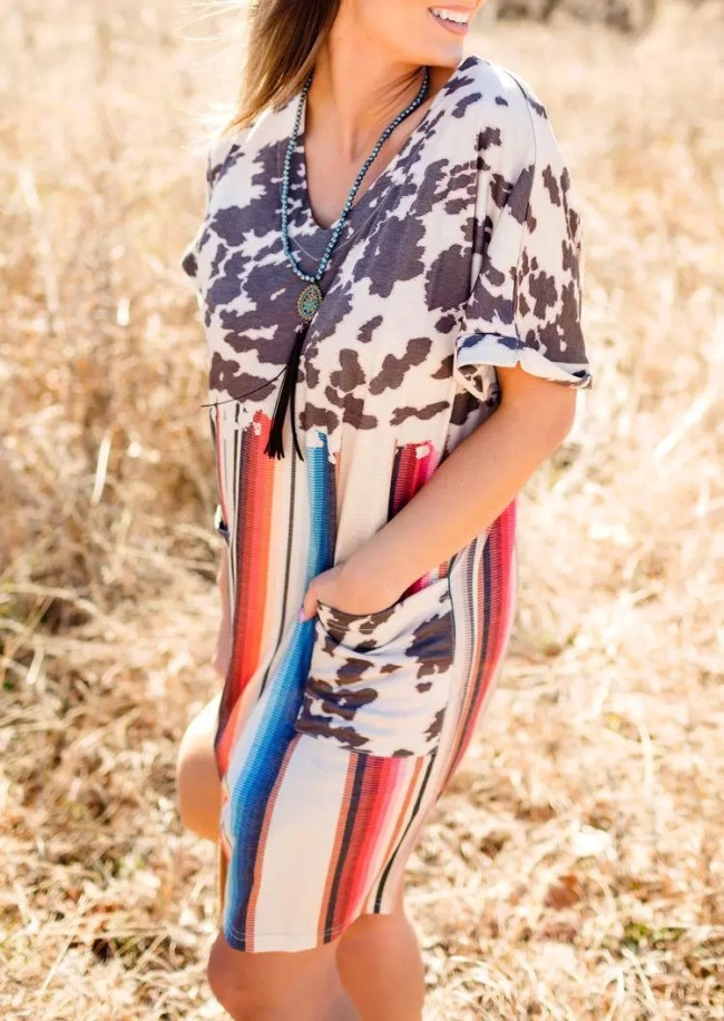 Women's Casual Leopard Print Stripe Patchwork Shirt Dress