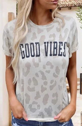 Women's Casual Leopard Print Good Vibes Letter Short Sleeve T-Shirt Top
