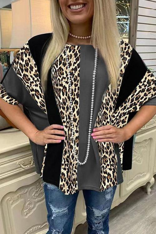 Women's Casual Leopard Patchwork Print T-Shirt Loose Cheetah Outfit Top