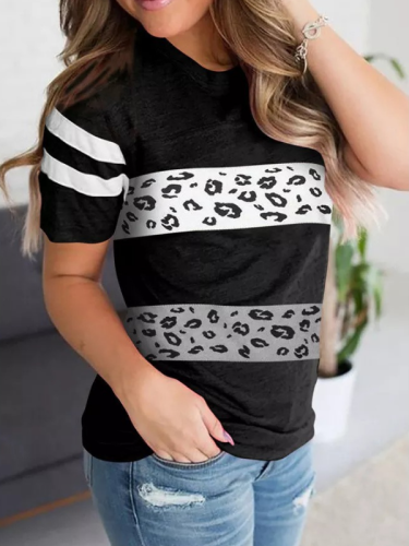Women's Casual Black Patchwork Leopard Print T-Shirt Top