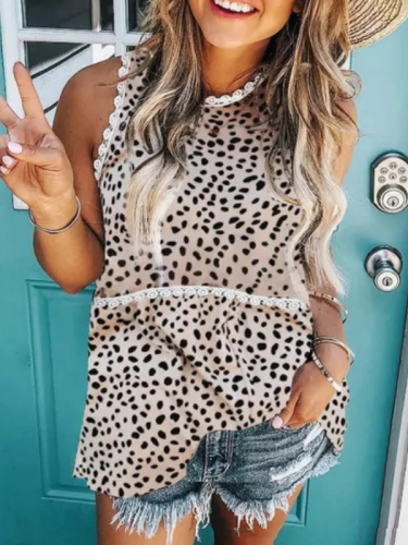Women's Summer Leopard Print Tank Top Loose Lace Stripe Printed Sleeveless Vest Top Pullover Tees