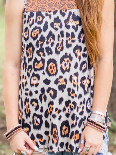Women's Casual Leopard Print Coffee Floral Patchwork Tank Top