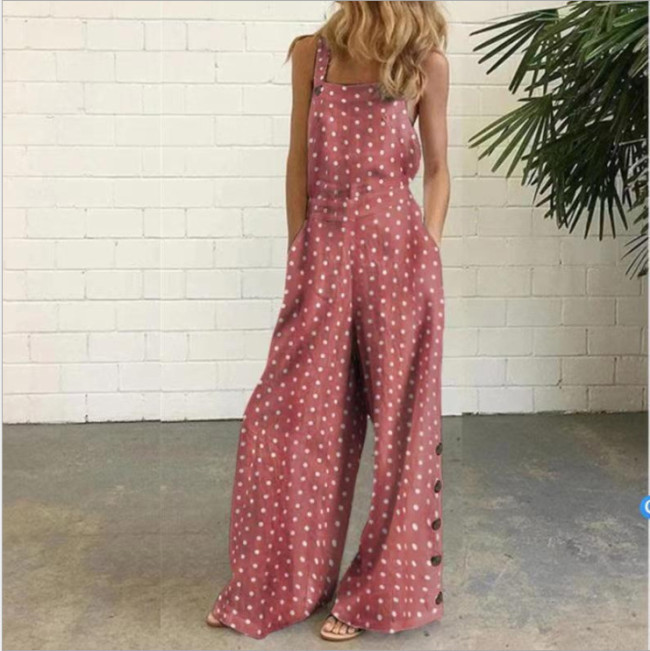 Women's Casual Jumpsuits Polka Dots Print Loose Wide Leg Jumpsuits with Pocket