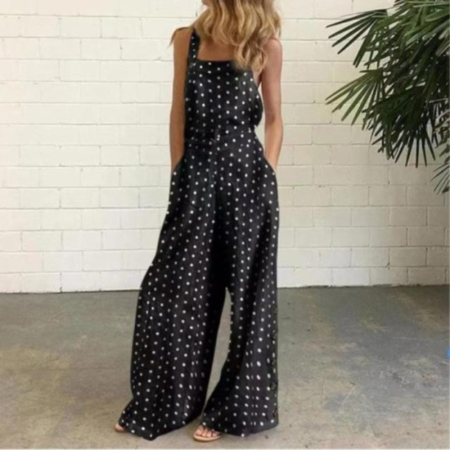 Women's Casual Jumpsuits Polka Dots Print Loose Wide Leg Jumpsuits with Pocket