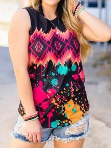 Women's Casual Western Aztecn Colorful Print Crew Neck Tank Top