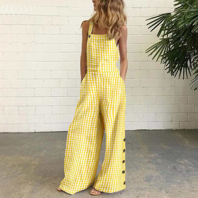 Women's Casual Jumpsuits Grid Print Loose Wide Leg Jumpsuits with Pocket