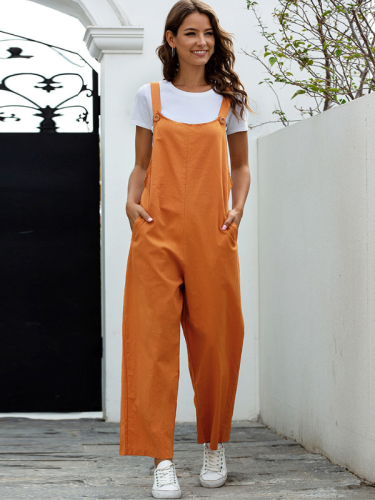 Women's Casual Jumpsuits Button Tie Solid Color Overall Loose Jumpsuit with Pocket