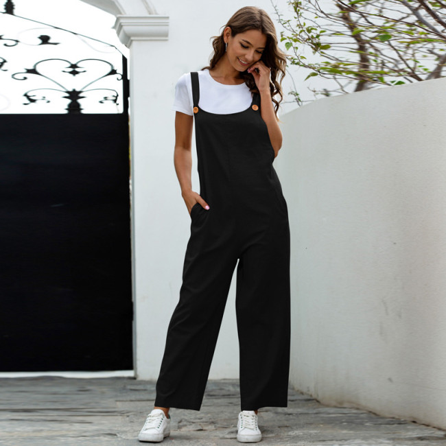 Women's Casual Jumpsuits Button Tie Solid Color Overall Loose Jumpsuit with Pocket