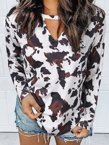 Women's Casual Leopard Print Hollow Out V Shape Sexy Long Sleeve T-Shirt