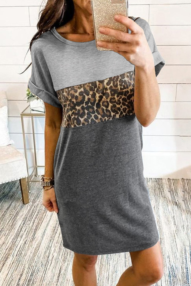 Women's Casual Leopard Print Color Block Mini Dress