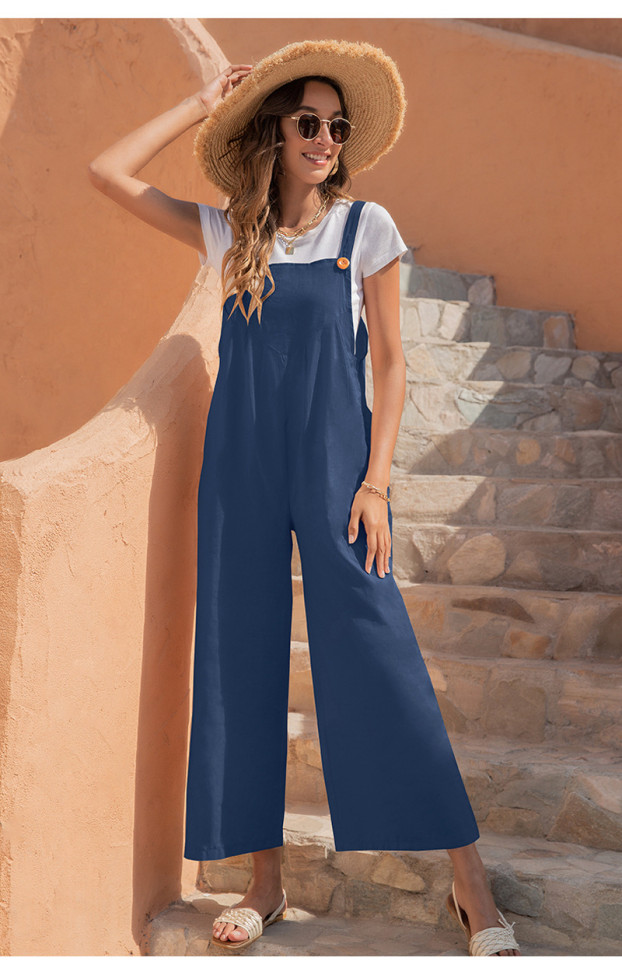 Women's Loose Jumpsuits Adjusted Button Tie UP-Neck Solid Color Casual Suspender Jumpsuit with