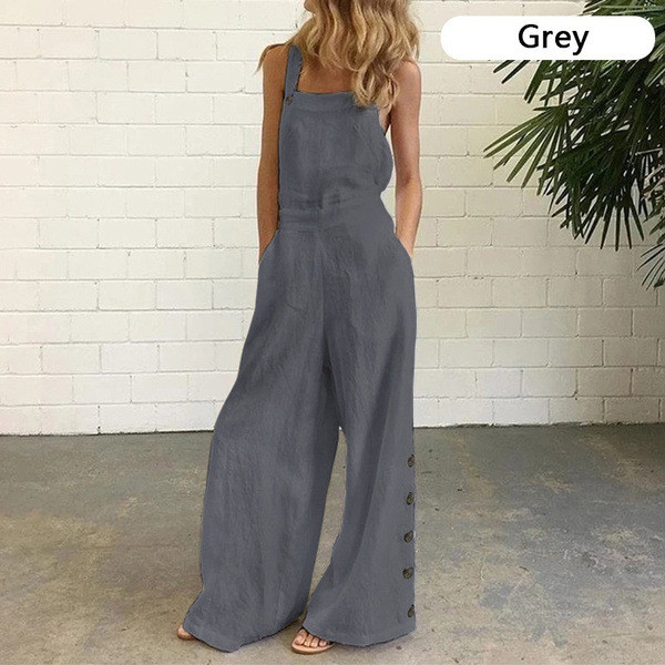 Women's Casual Jumpsuits Solid Color Loose Wide Leg Suspender Jumpsuits with Pocket