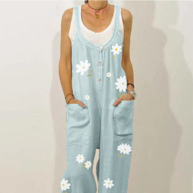 Women's Casual Wide Leg Cami Jumpsuits Floral Print U-Neck Jumpsuit