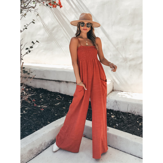 Women's Casual Wide Leg Cami Jumpsuits Sling Pocket High Waist Suspender Jumpsuit