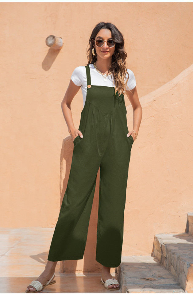 Women's Loose Jumpsuits Adjusted Button Tie UP-Neck Solid Color Casual Suspender Jumpsuit with