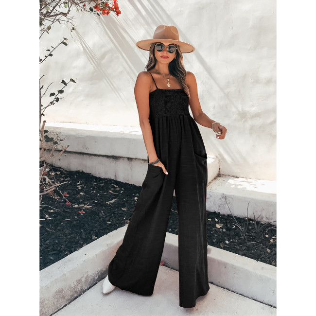 Women's Casual Wide Leg Cami Jumpsuits Sling Pocket High Waist Suspender Jumpsuit