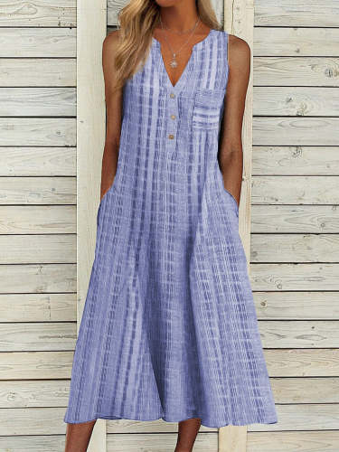 V-neck pocket button loose cotton hemp dress