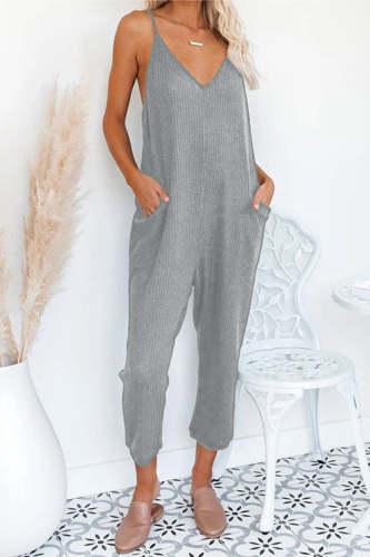 Pockets Cropped Mid Waist Stripe Casual Loose Backless Jumpsuit