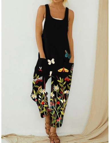 Women's Casual Wide Leg Cami Jumpsuits Floral Butterfly Art Painting Sling Loose Jumpsuit