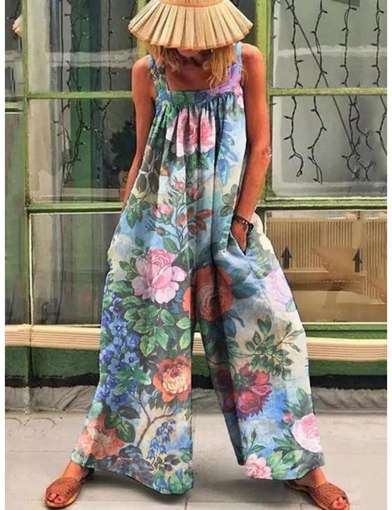US$ 31.75 - Women's Casual Wide Leg Cami Jumpsuits Floral Art Painting ...