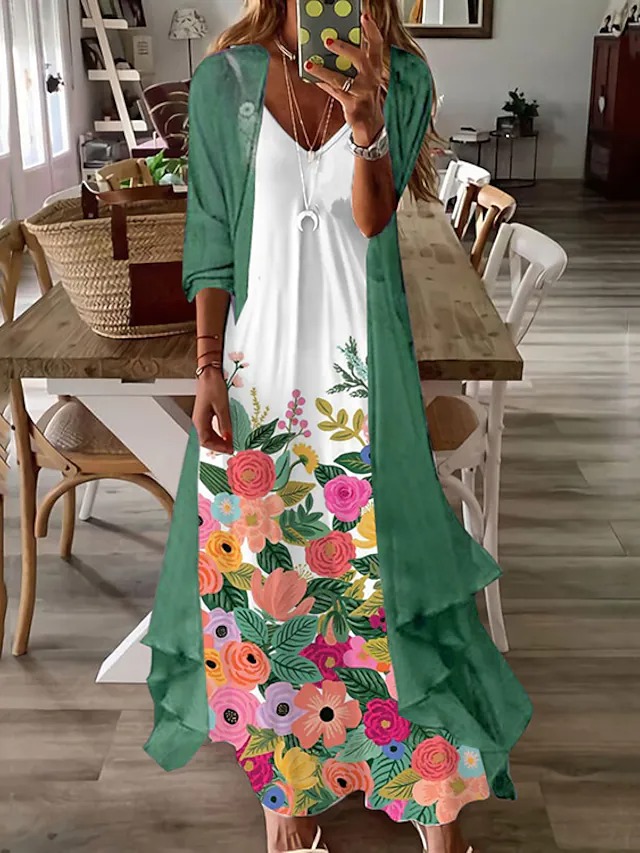 US$ 42.27 - Floral V-Neck Maxi Sling Dress and Green Long Sleeve ...