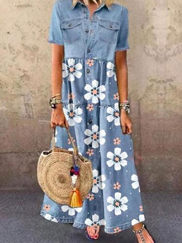 Casual single Breasted Lapel Pocket Floral Dress