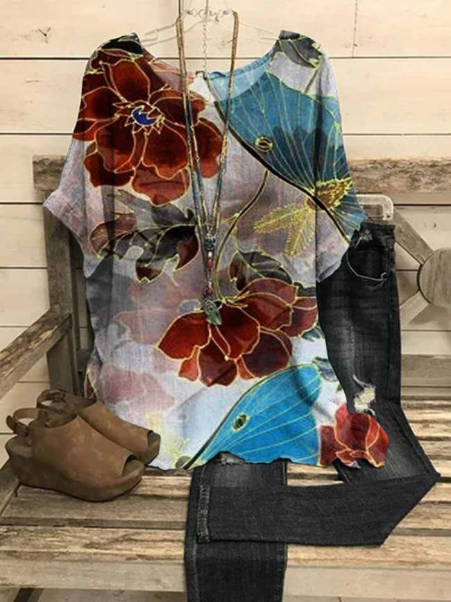 Women's Flower And Butterfly Printed Casual Top